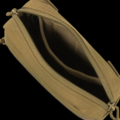Top view of the Condor Compact Utility Pouch in MultiCam Black, featuring a zipper, two main compartments, and an interior pocket—ideal for law enforcement or military use.